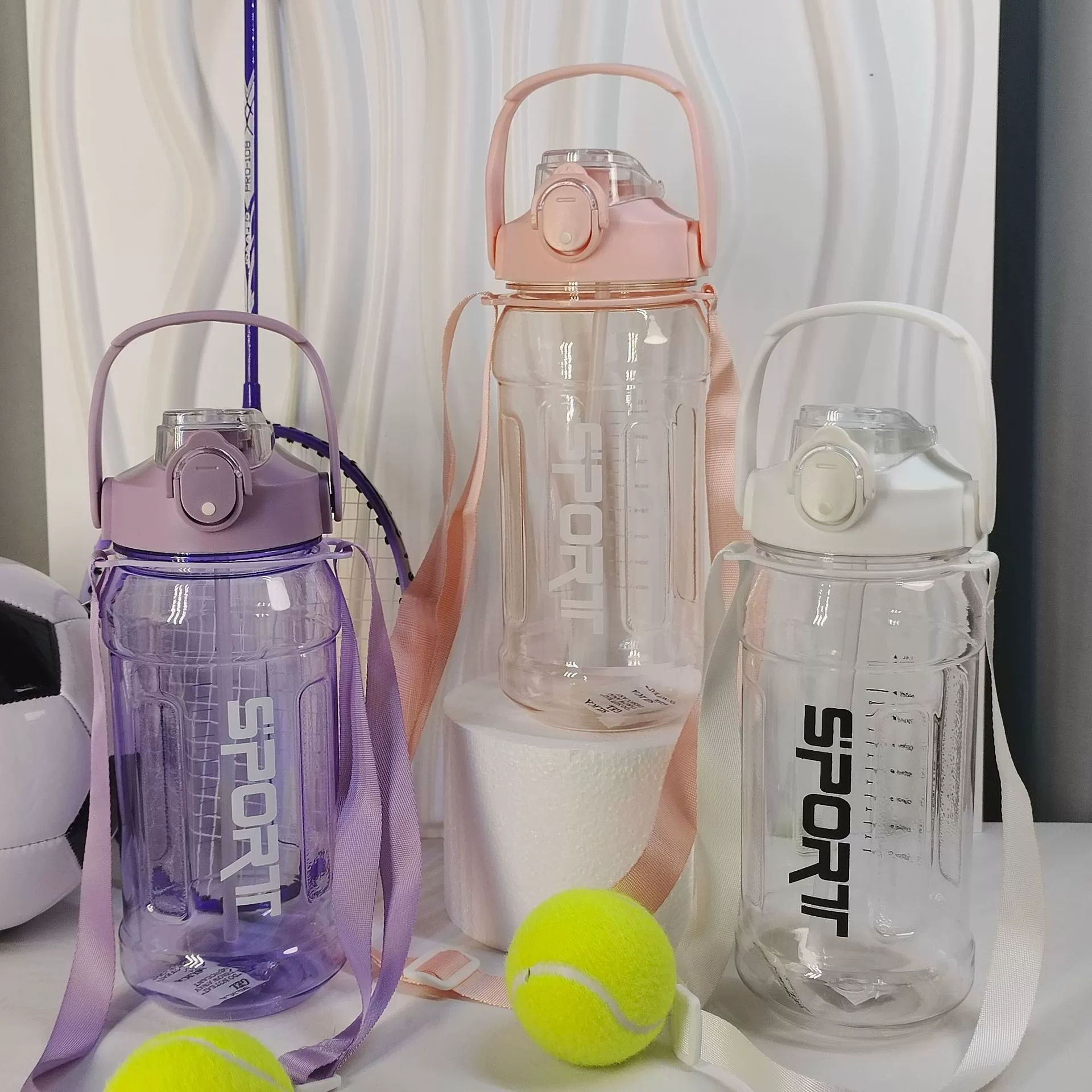 Capacious travel summer sports bottle with glass, space straw for gym, sports glass