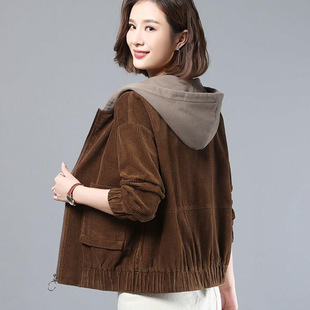 plus size Loose Corduroy Pocket Coat Women's Spring Autumn and Winter New Arrival Middle-aged Mother's Hooded All-match Thin Jacket