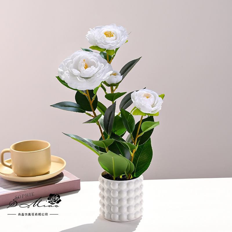 Plantas en maceta de camelia de cuatro cabezas transfronterizas, flores de simulación creativa, decoración de estudio fotográfico para el hogar, plantas verdes artificiales, simulación, macetas, falso image 3