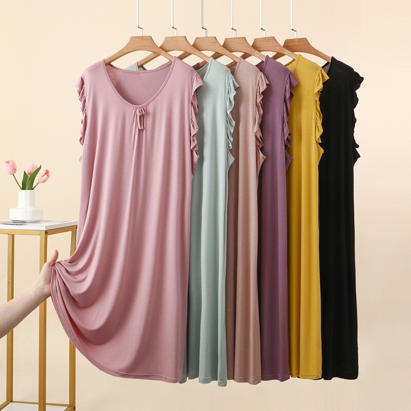 Summer Thin V-neck Lace Sleeveless Dress for Women, Modal Loose Versatile Nightgown, Slimming Plus Size Home Dress