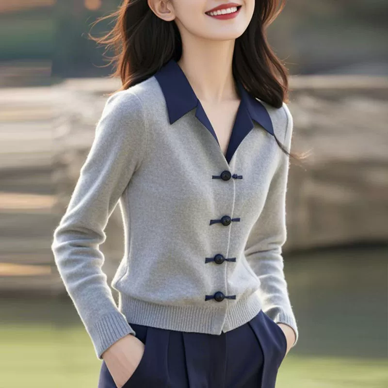 Новый женский свитер-блузка в китайском стиле с воротником, серый, вязаный, осень-зима 2025, ретро-дизайн