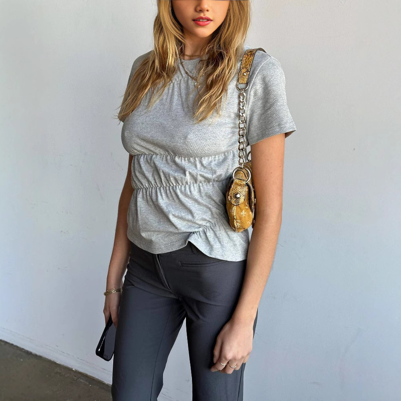 Distinctive European and American New Round Neck Casual Solid Color Short Sleeve Comfortable Loose Prune Women's T-Shirt