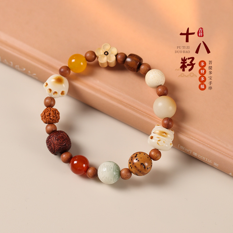 Rich and Prosperous Bodhi Eighteen Seeds Charcoal Burned Five Blessings Cat Cute Cat Paw Original Chinese Style Versatile Unisex Bracelet