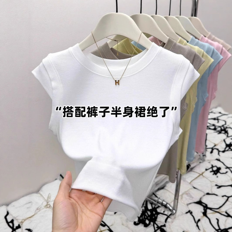正肩夏季2025新款圆领无袖短袖T恤设计感小众修身飞飞袖短款上衣|undefined