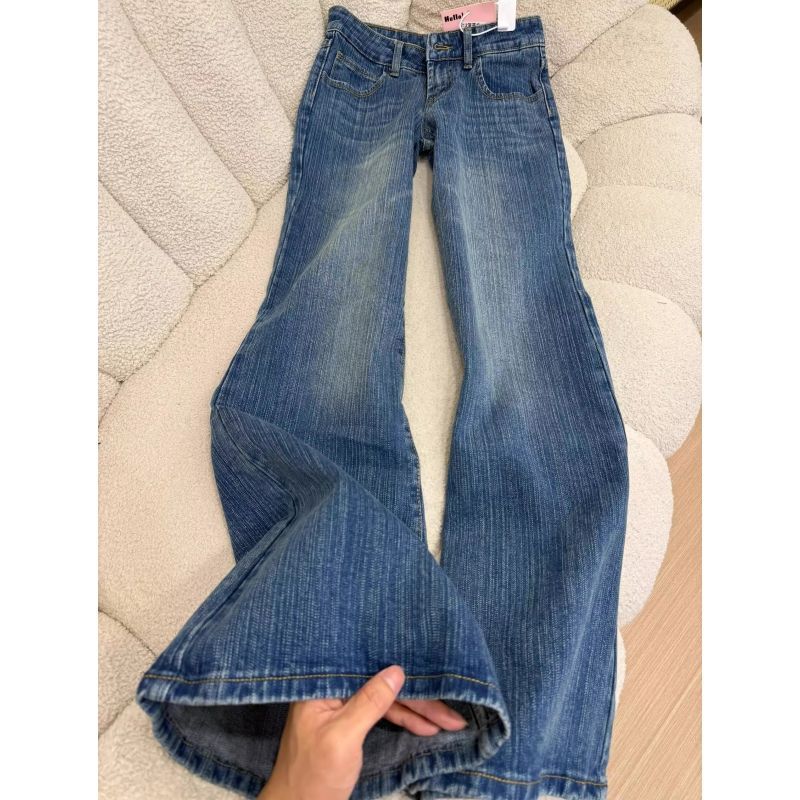 Dark Blue Bamboo Pattern Retro Flared Jeans 2025 Tall Size Trendy Brand Non-Tapered Low-Waist Loose Flared Pants