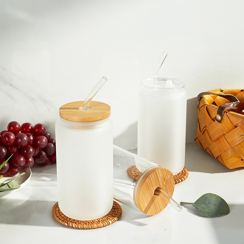 Heat Sublimation Glass Cup Single Layer 16oz Transparent Glass Coke Cup Can Straw Cup Household Cold Drink Sandblasted Cup