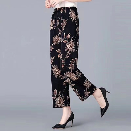 Women's Summer Ice Silk 9/10 Length Thin Casual Loose High-Waisted Anti-Mosquito Mother Flower Pants for Cross-Border Shipping