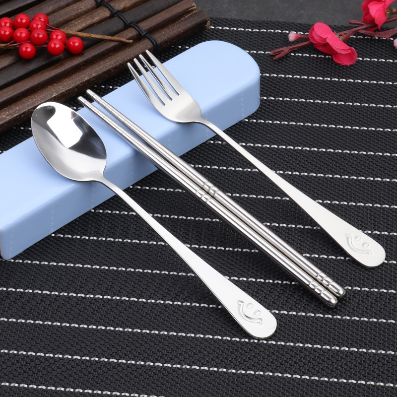 Stainless Steel Portable Tableware Three-piece Set Creative Cute Smiling Spoon Fork Chopsticks Outdoor Advertising Promotional Gift suit