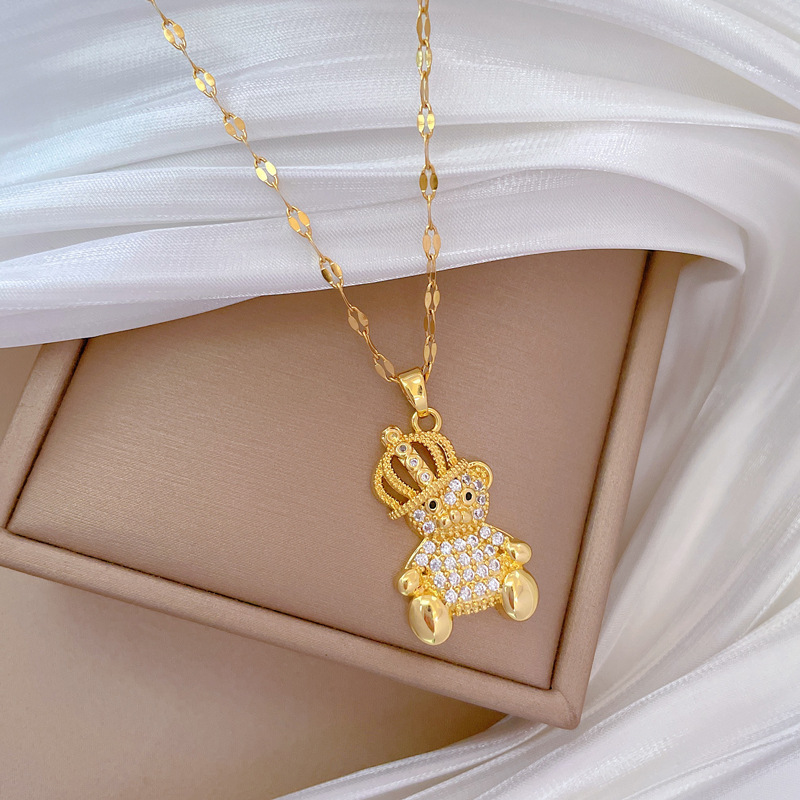 Gorgeous Diamond Bear Pendant Necklace In Titanium Steel For Women_voghion.com