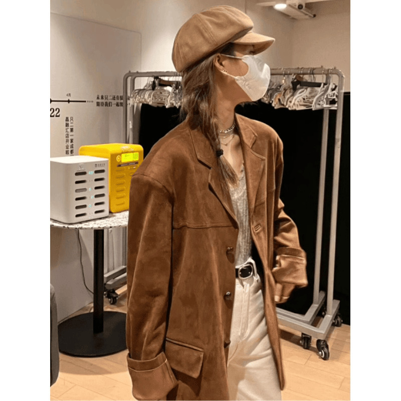 美拉德棕色麂皮绒西装外套女秋季设计感小众宽松休闲复古西服上衣|undefined