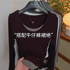 假两件拼接撞色长袖U领T恤女秋冬新款韩版设计身小众显瘦打底衫潮