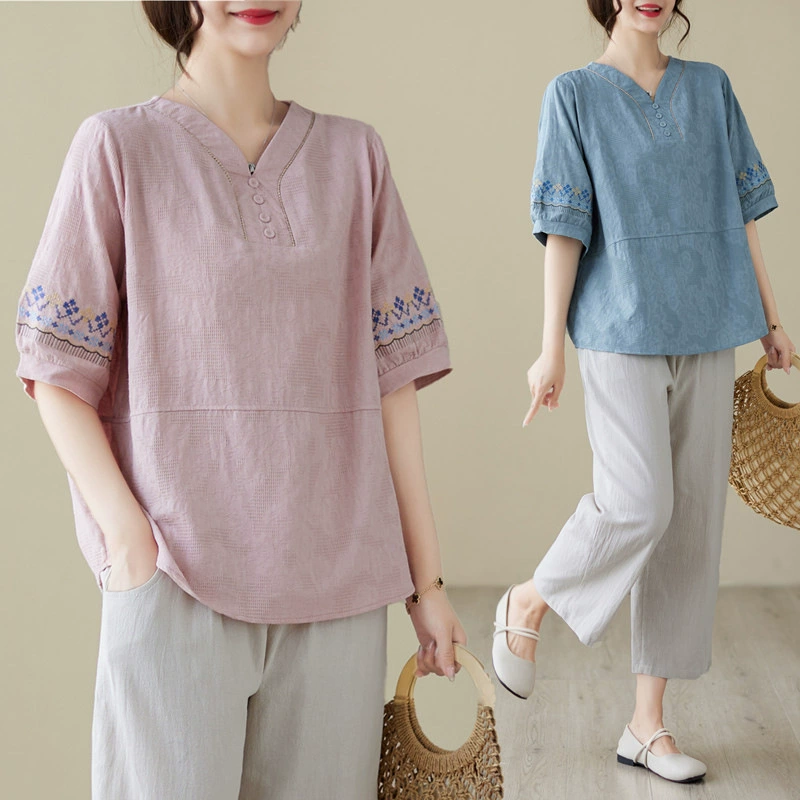 Летняя новинка 2025 года: улучшенная хлопково-льняная футболка в этническом ретро стиле, свободного кроя, с рукавом 3/4, для женщин.