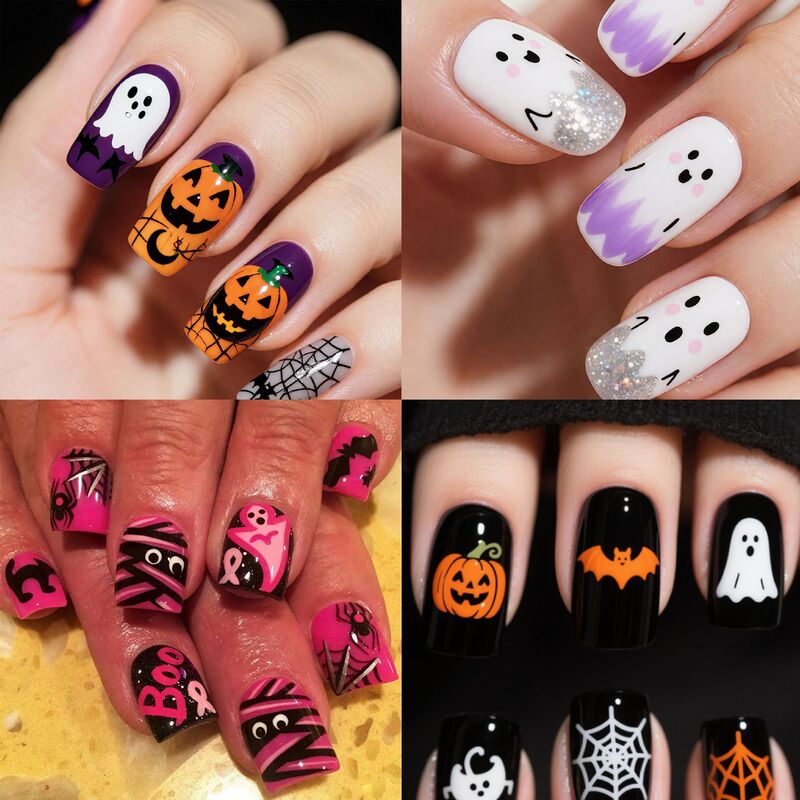 New Halloween Nail Art Stickers Collection for Foreign Trade, European and American Style Pumpkin Ghost Medium Square Press-On Nails
