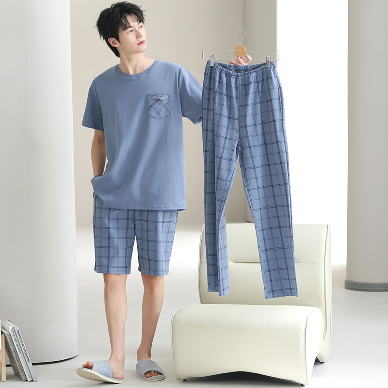 Three-Piece Set of 100% Pure Cotton Pajamas for Men, Spring and Summer Short-Sleeved Long Pants, 2026 New Thin Style, All-Cotton Loungewear, Large Size