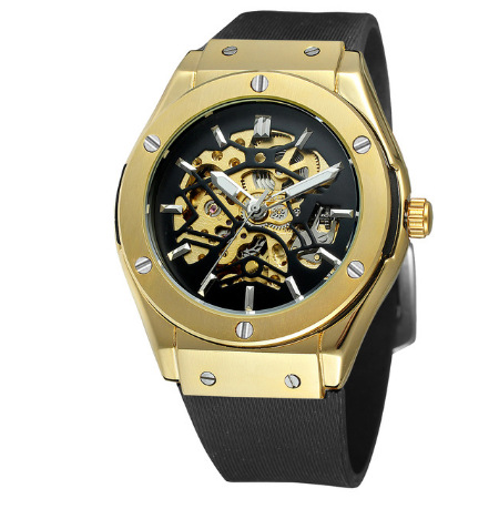 Forsining europea y americana cinta hombres reloj mecánico moda casual hueco-hacia fuera transparente completo automático reloj mecánico