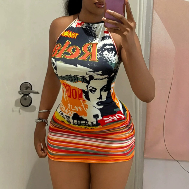 2026 Summer New European and American Style Sexy Strap Dress for Women Street Graffiti Print Asymmetric Short Dress