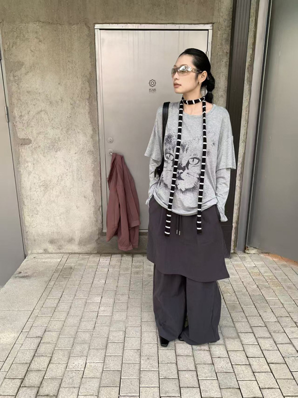 [9hour]设计感假两件猫咪t恤女 2025秋季韩系长袖休闲上衣zd8048|undefined