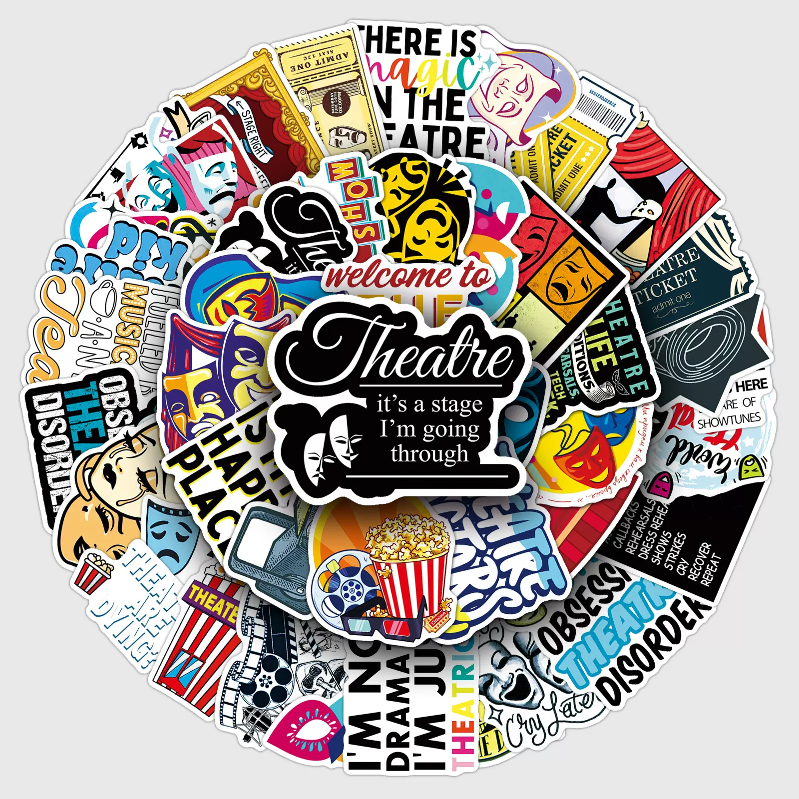 50张戏剧涂鸦贴纸剧院马戏团卡通跨境创意防水装饰手帐本咕卡贴纸