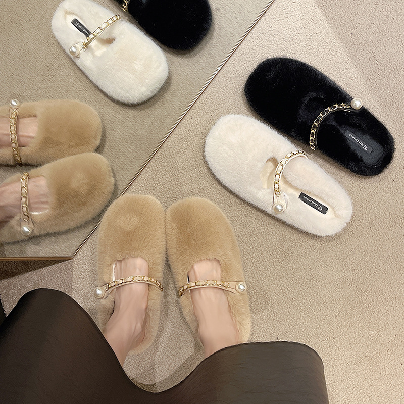 Flat Slip-On New Korean Version 2025 Lazy Plush Warm Closed-Toe Cotton Slippers for Autumn and Winter, Women's Outdoor Wear