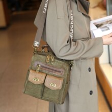 跨境复古棉麻布配牛皮背包女2025新款双肩三用斜挎包拼色设计女包