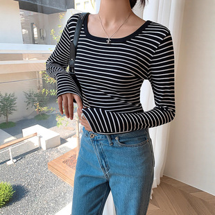 10050# Autumn New Striped Slim Joker High Elastic Square Collar Base Shirt Women's Joker Top