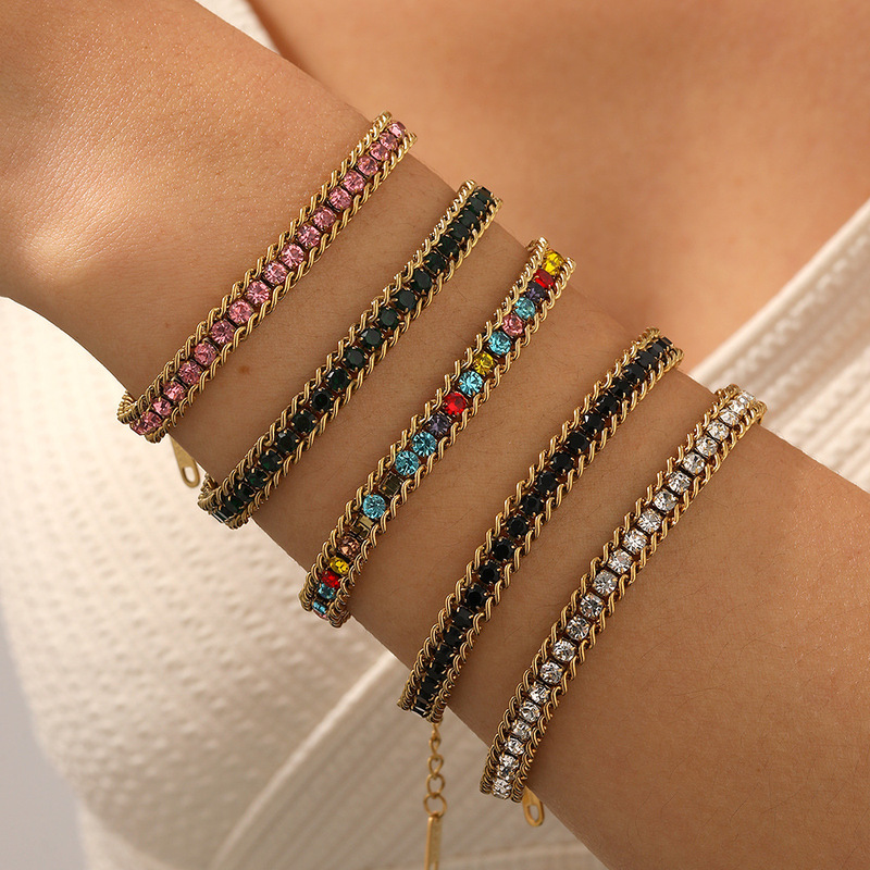 Cross-Border Titanium Steel Vacuum Electroplating 18K Real Gold European and American Multi-Color Square Diamond Elegant Versatile Jewelry Color Diamond Bracelet for Women