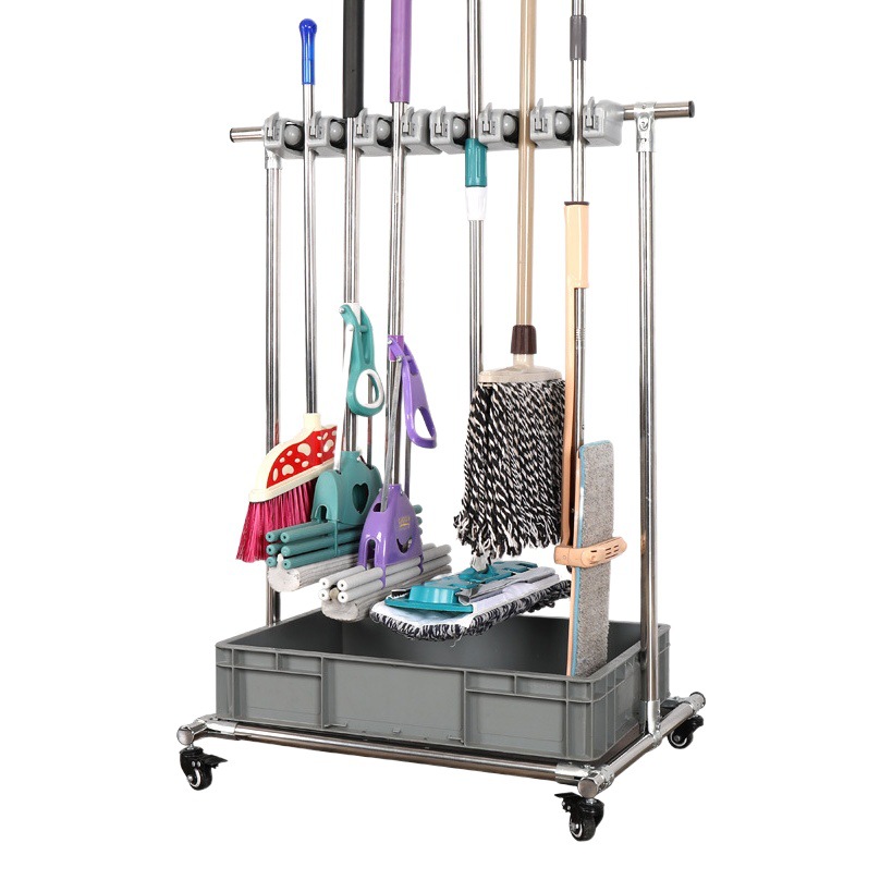 Acero inoxidable móvil fregona rack de almacenamiento hotel restaurante piso fregona rack balcón escoba fregona rack