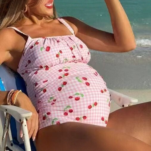 2025 European and American New Pregnant Women Beach Vacation One-Piece Swimsuit Cross-Border Amazon Print Conservative Belly-Covering Bikini