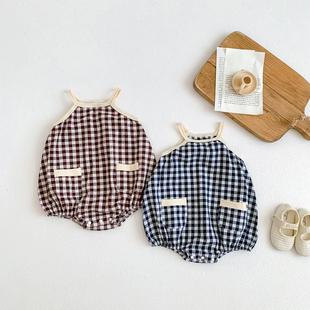 Korean 203 New Children's Summer Plaid Suspender Outfit for Boys and Girls, Trendy Summer Clothing for Toddlers 1032