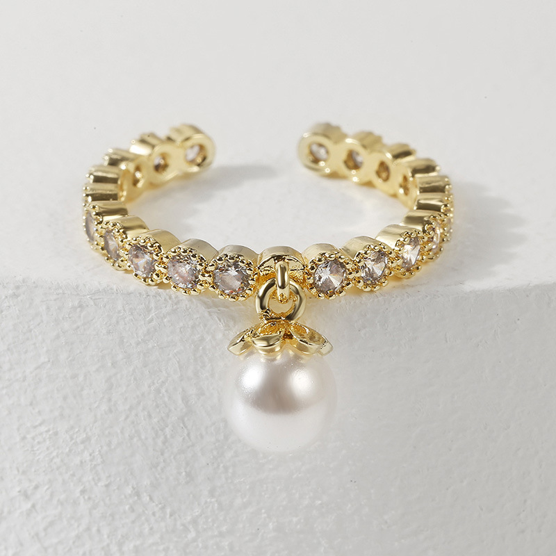simple copper inlaid zirconium pearl open geometric ring
