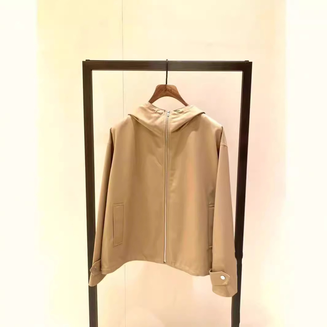 Women's 2025 Autumn New Silk Wool Fine Knit Plain Zipper Hooded Trench Coat D2124802