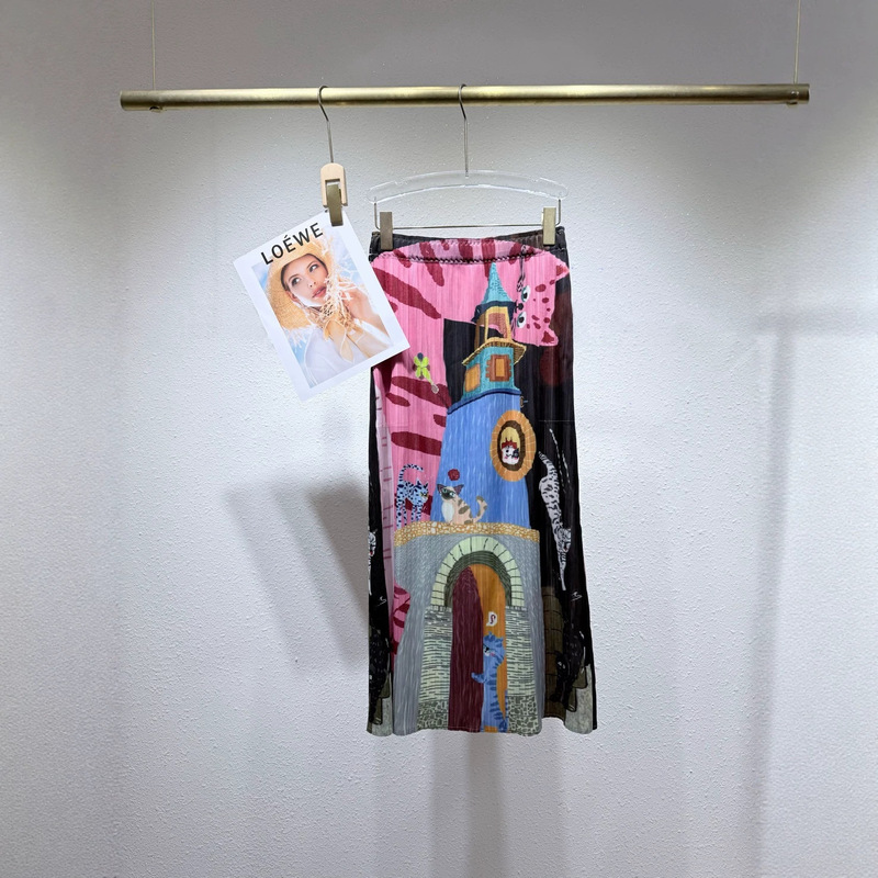 Miyake Pleated Color-Blocking Design Printed Pleated Skirt, Slimming High-Waisted Slit Straight Skirt with Print