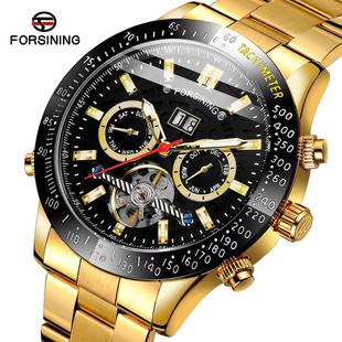 A generation of FORSINING automatic mechanical men's watch fashion hollow tourbillon calendar steel band mechanical watch
