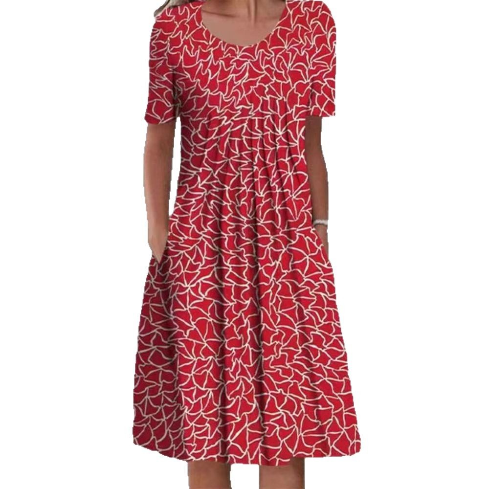 Plus Size Spring And Summer Women's Elegant Big Skirt Round Neck Short Sleeve Dress_ecoleips.com