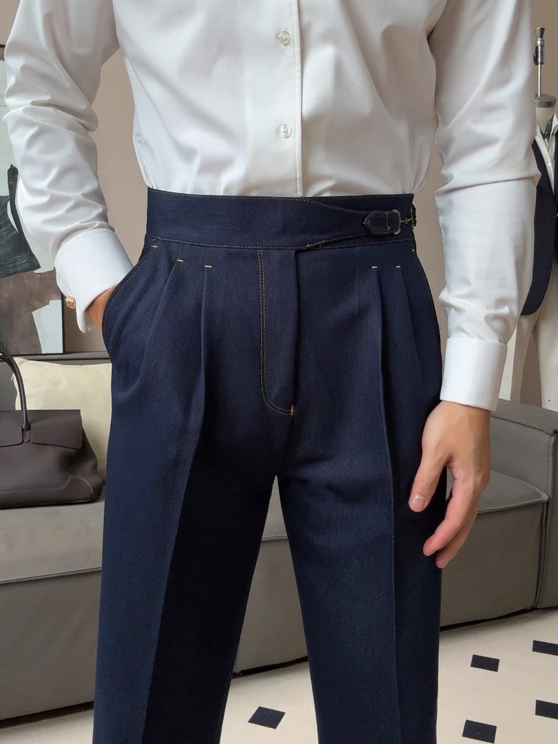 [Ruishen Apparel] Italian-Style Retro Autumn and Winter Faux Denim High-Waisted Gurkha Gentleman's Trousers for Casual Business and Commuting