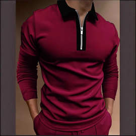 独立站跨境欧美秋季男士拉链拼接翻领T恤长袖Polo衫拉链设计