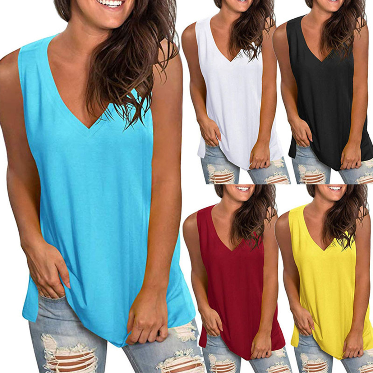 Factory direct AliExpress Amazon best selling European and American solid color loose V-neck sleeveless T-shirt top women's large number of in stock