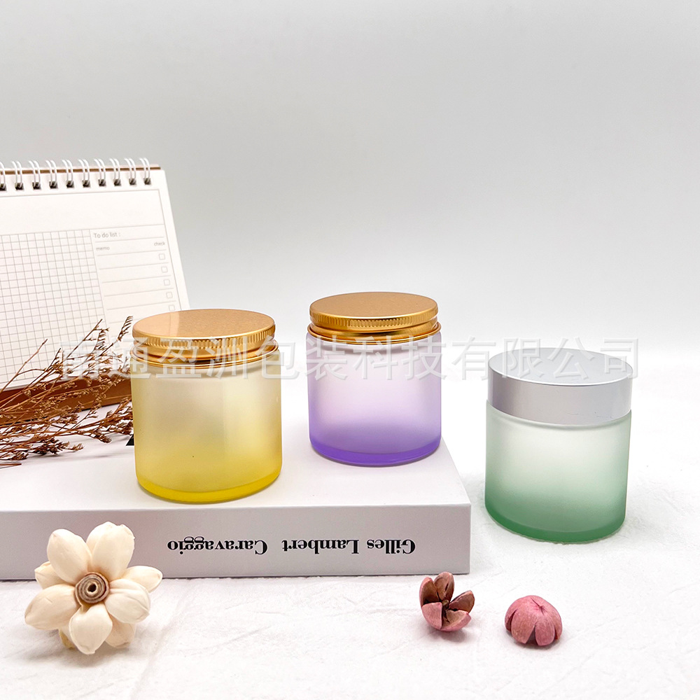 100G圆形玻璃罐子蒙砂渐变效果香薰蜡烛罐子密封罐蜡烛杯批发