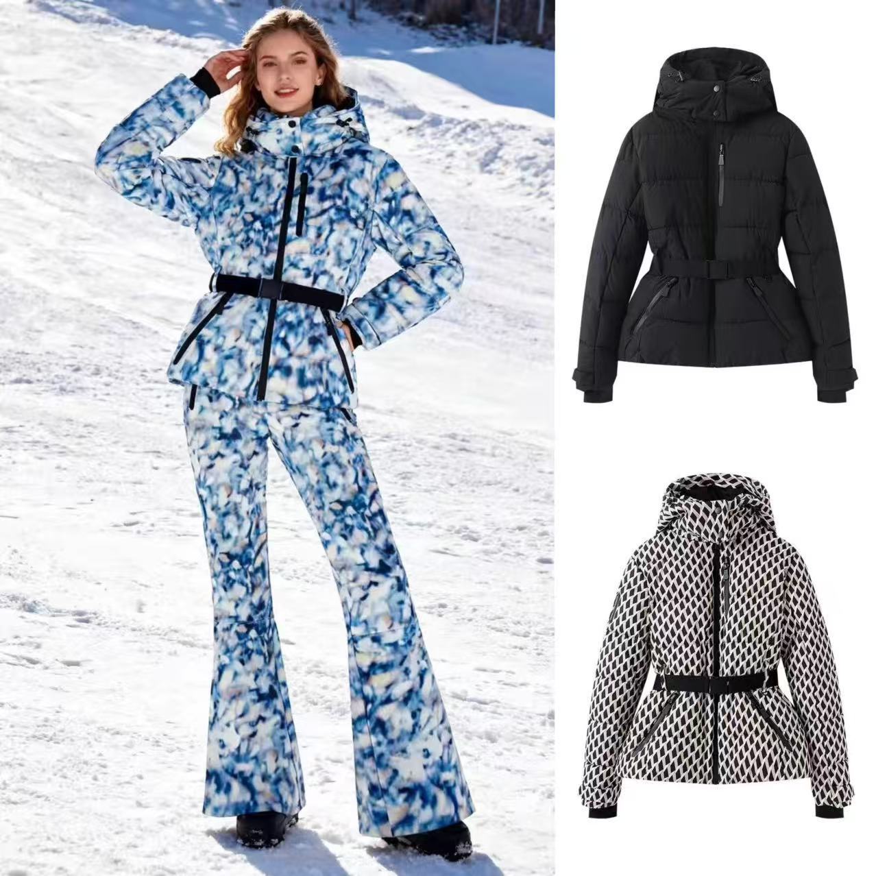 速卖通跨境外贸欧美女装秋季冬新款多色滑雪系列束腰连帽棉服外套