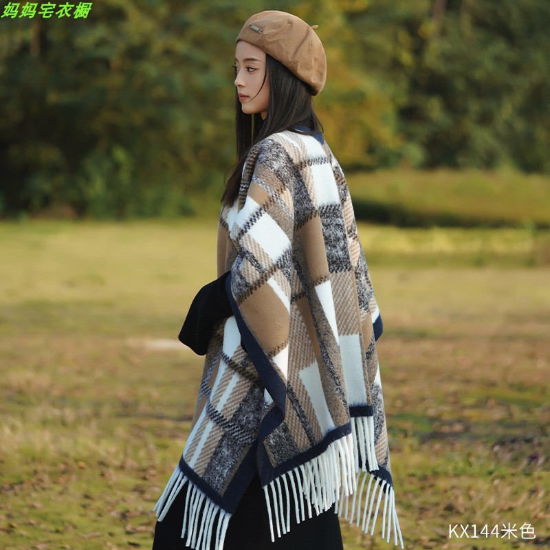 Chaqueta de abrigo de capas de bordas a cuadros franceses de otoño para mujeres con un pequeño chal de lana con una bufalla de abrigo grueso