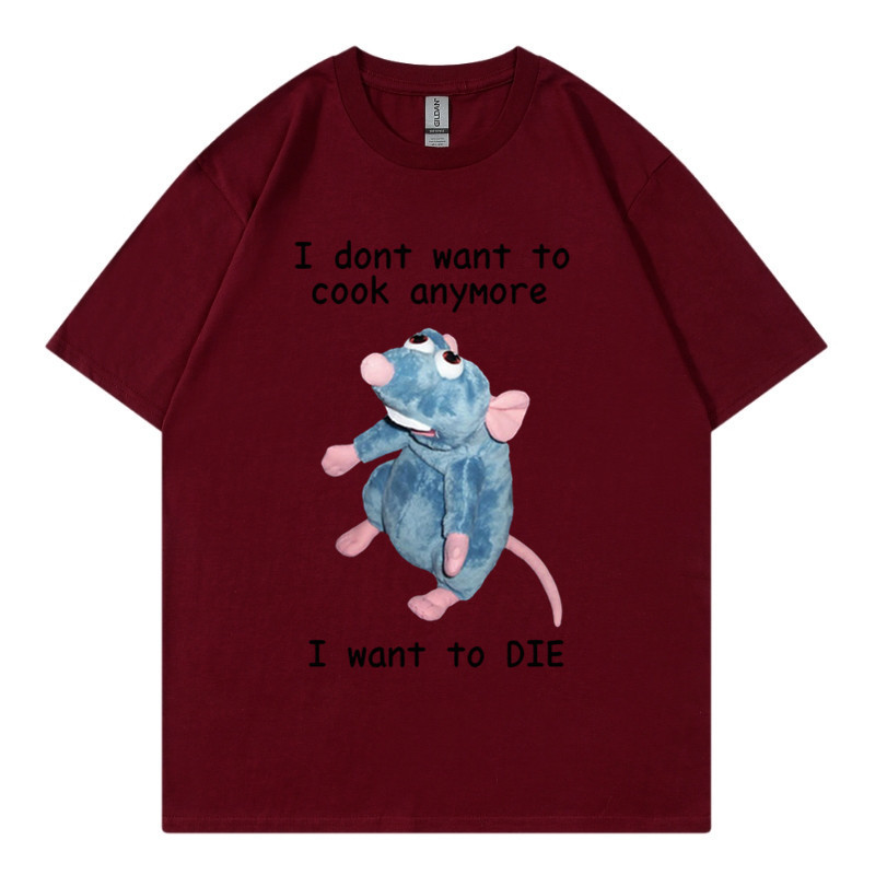 T-shirt en pur coton marque de mode sport nouveaux hommes ample col rond imprimé souris je ne veux pas cuisiner à nouveau T-shirt_voghion.com