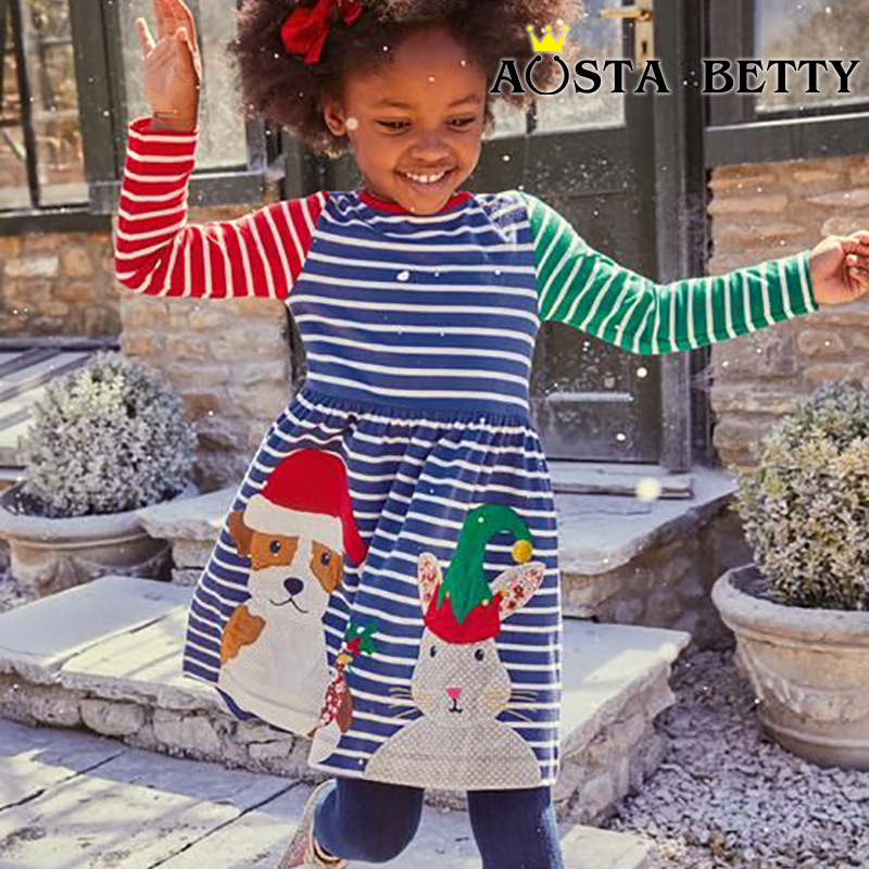 AostaBetty Vestido de otoño para niñas, vestido de retazos de animales de dibujos animados de Navidad para niños pequeños, vestido largo a rayas.