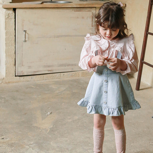 2024 Spring Girls' Denim Skirt Strawberry Style Korean Children's Clothing Kids' Girls' Ruffled Halter Strap Dress