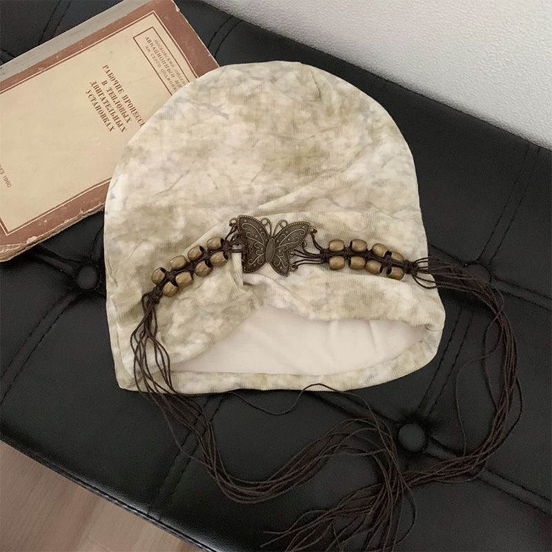 小众设计扎染流苏串珠冷帽女秋季复古高级感慵懒风堆堆帽针织帽子|undefined