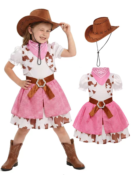 Girls' Western Cowboy Dress Halloween Pink Denim Outfit Set Holiday Party Cosplay Costume Short Sleeve