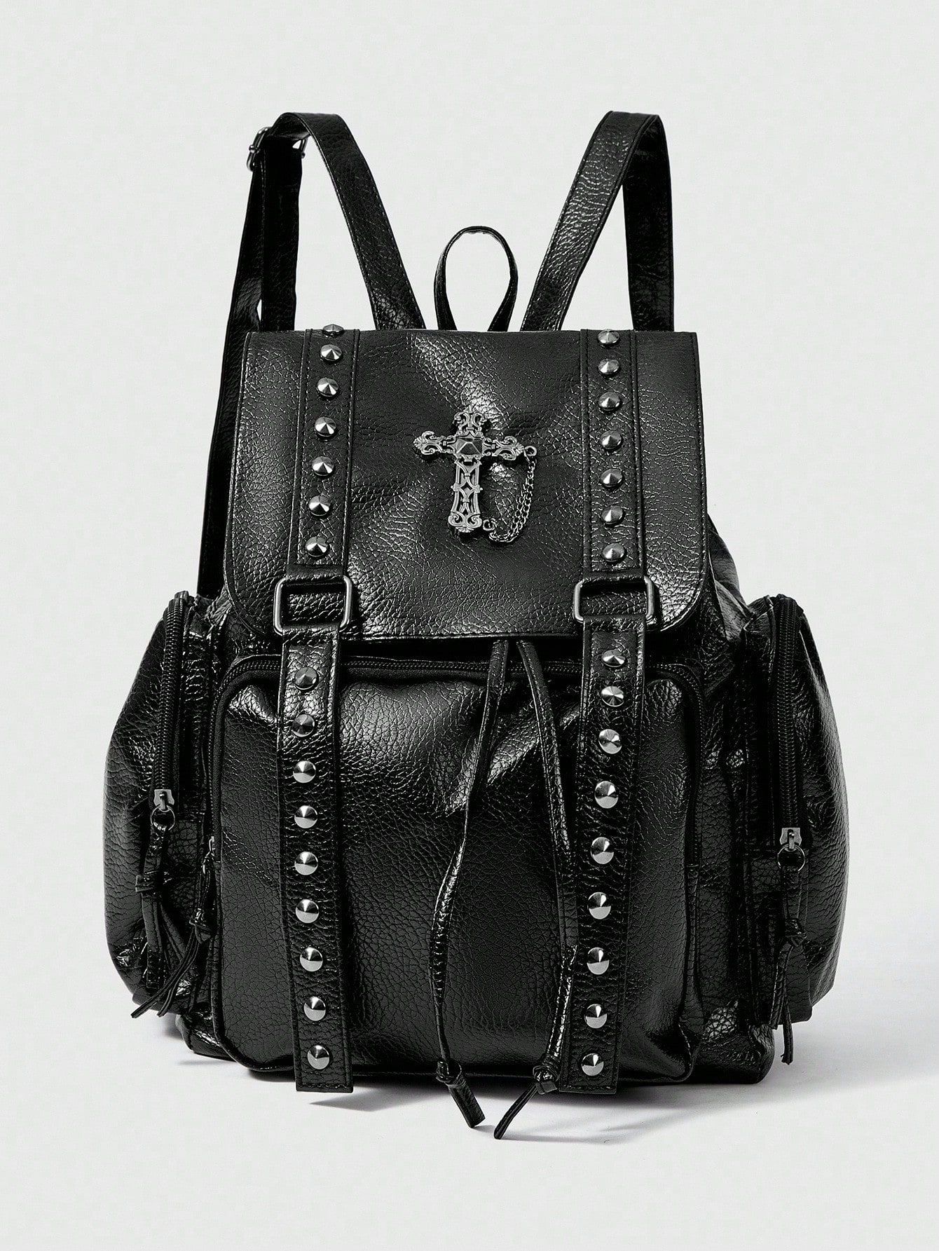 Export Crossborder Wasserstoßkaschierung Litchi-Struktur PU-Leder Nieten Motorradjacke Windbreaker Rucksack Kreuz Doppelschulter Rucksack Großvolumiges Damen-Handtasche