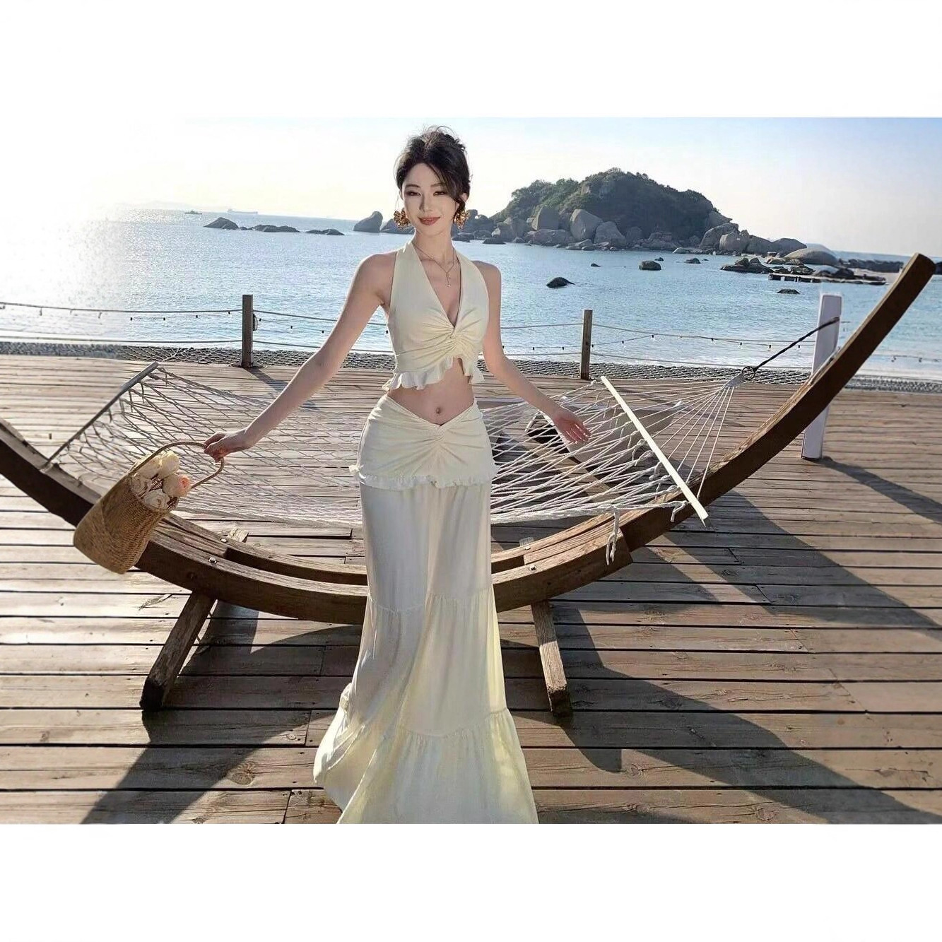 Foreign Trade Seaside Resort Style Dress Twisted Seaside Atmosphere Vest Women's Summer High-Waisted Half-Length Skirt Suit Women
