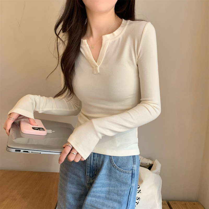 实拍实价 秋季新款韩版v领长袖内搭T恤棉休闲百搭打底衫上衣女