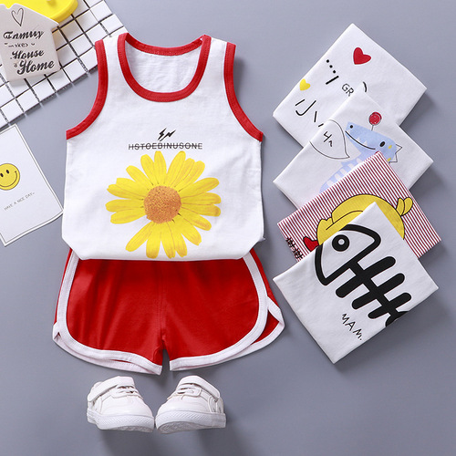 Summer Children's Tank Top Set Thin Baby Onesie Sleeveless T-shirt Cartoon Sports Shorts Dropshipping One Piece