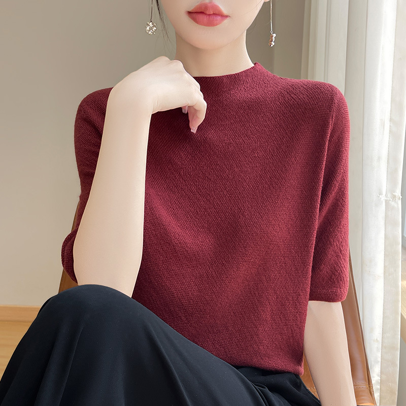 Spring and Summer New Fine-Spun Half-High Collar Knitted Bottoming Shirt Short-Sleeved Women's Pure Color Loose and Versatile Simple Top
